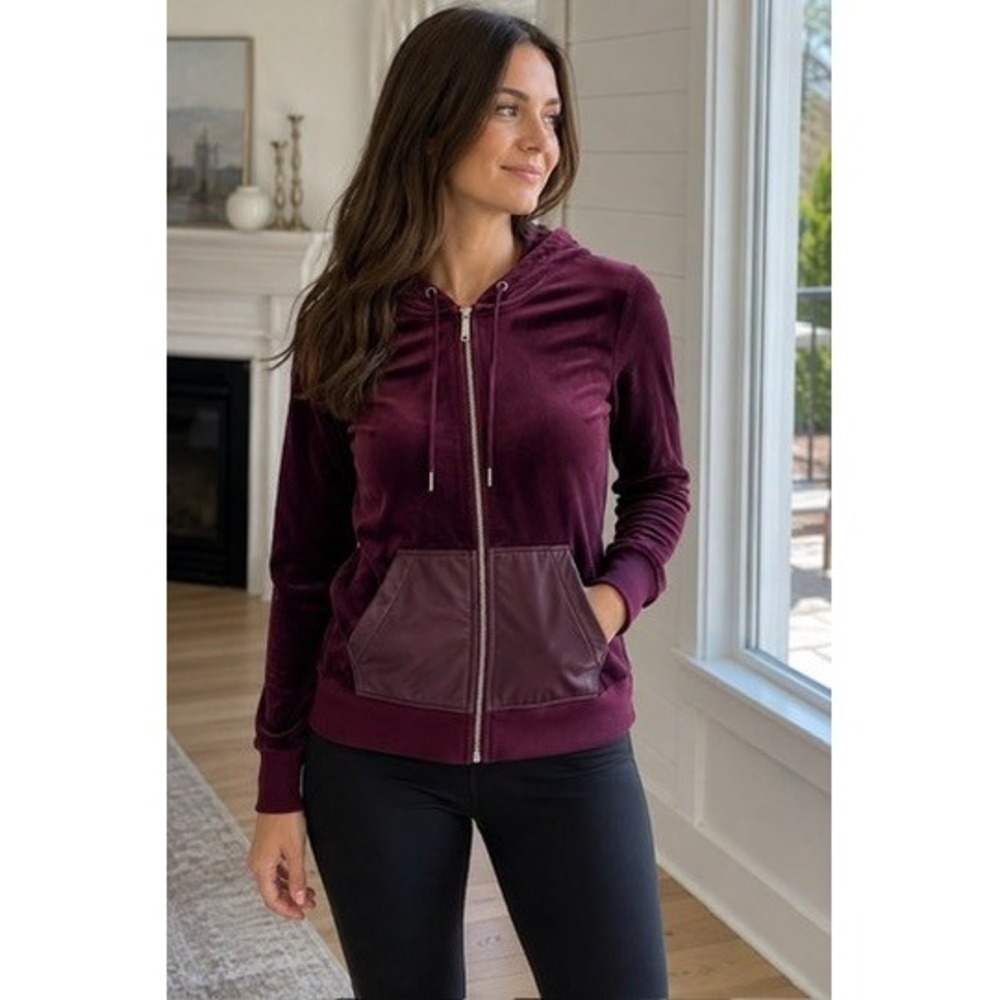 Calvin Klein Womens Velour Full Zip Hoodie Port Burgundy Faux Leather XS
